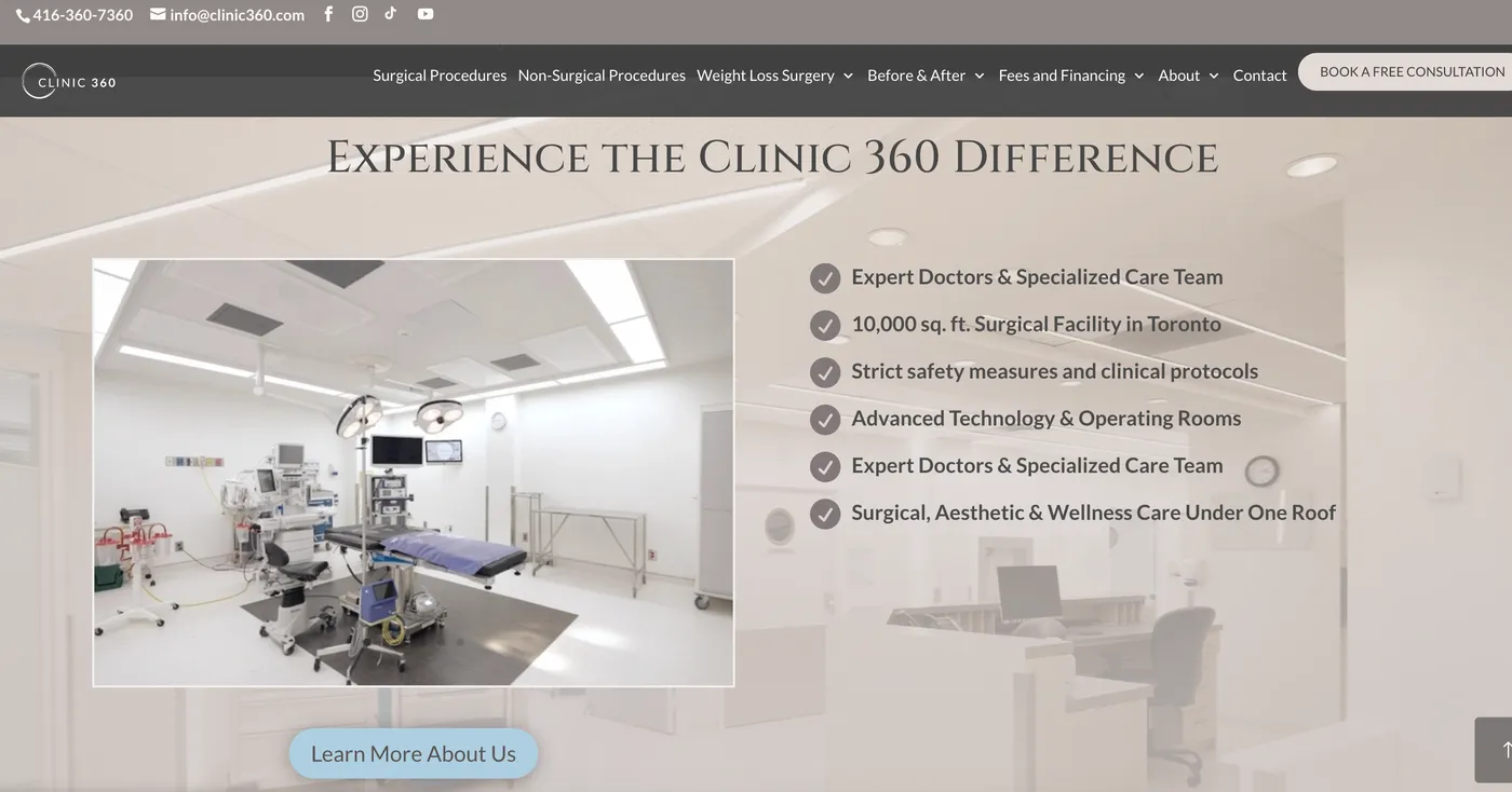 Clinic 360 website: Experience the Clinic 360 difference, with a photo of an operating room